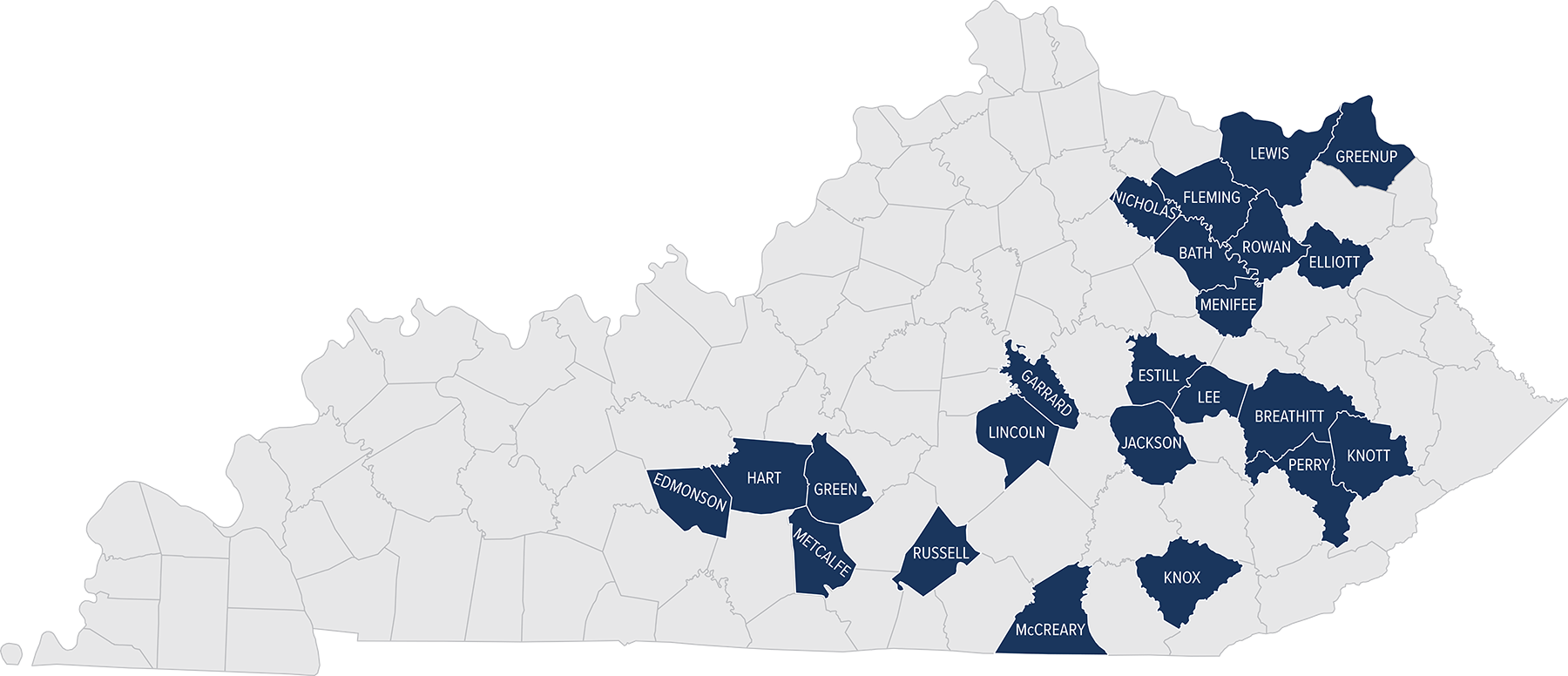 Map of Kentucky with BRIDGE counties colored in blue