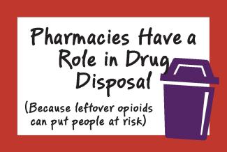 Card says "Pharmacies Have a Role in Drug Disposal (Because leftover opioids can put people at risk)"