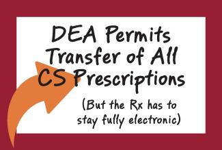 Card says "DEA Permits Transfer of All CS Prescriptions (But the Rx has to stay fully electronic)"