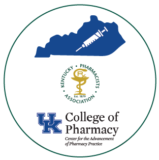Three logos in a circle: the state of Kentucky with an immunization icon, the KPhA logo, and the Center for the Advancement of Pharmacy Practice logo