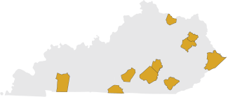 Gray map of Kentucky with the 10 CARE-KY counties colored in yellow