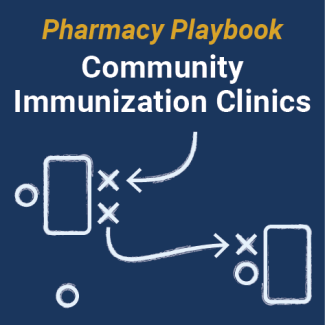 Tile representing Pharmacy Playbook, with chalkboard sports play graphic representing a patient movign through an immunization clinic